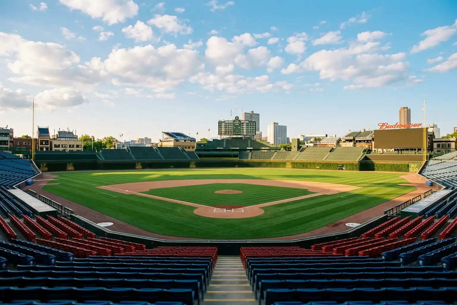 Wide-angle view of an MLB ballpark showing the outfield dimensions and wall heights from behind home plate