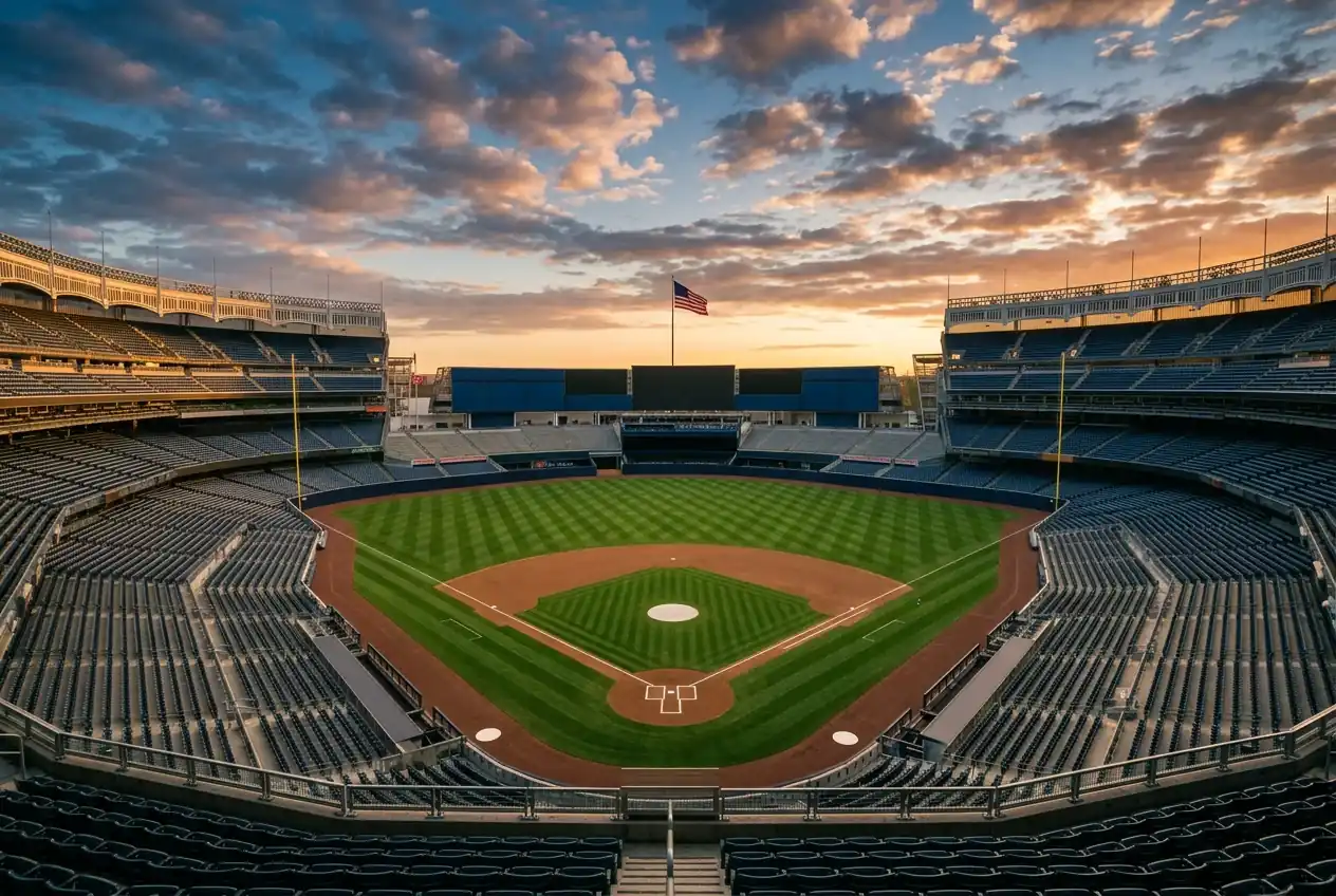 Wide view of an MLB ballpark during golden hour showing the open outfield and sky conditions above the field