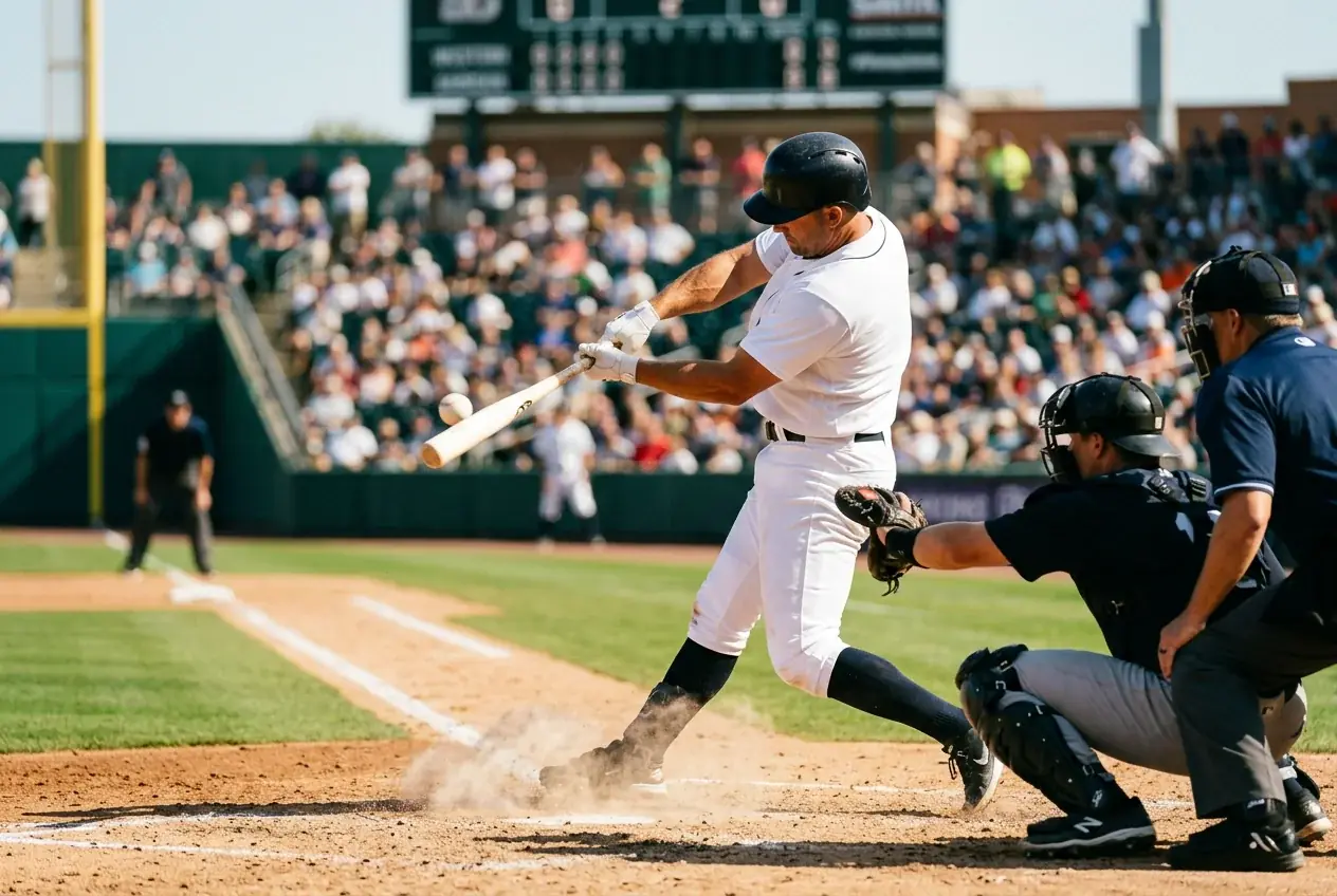 MLB batter making contact with the ball during an at-bat with the infield visible behind him