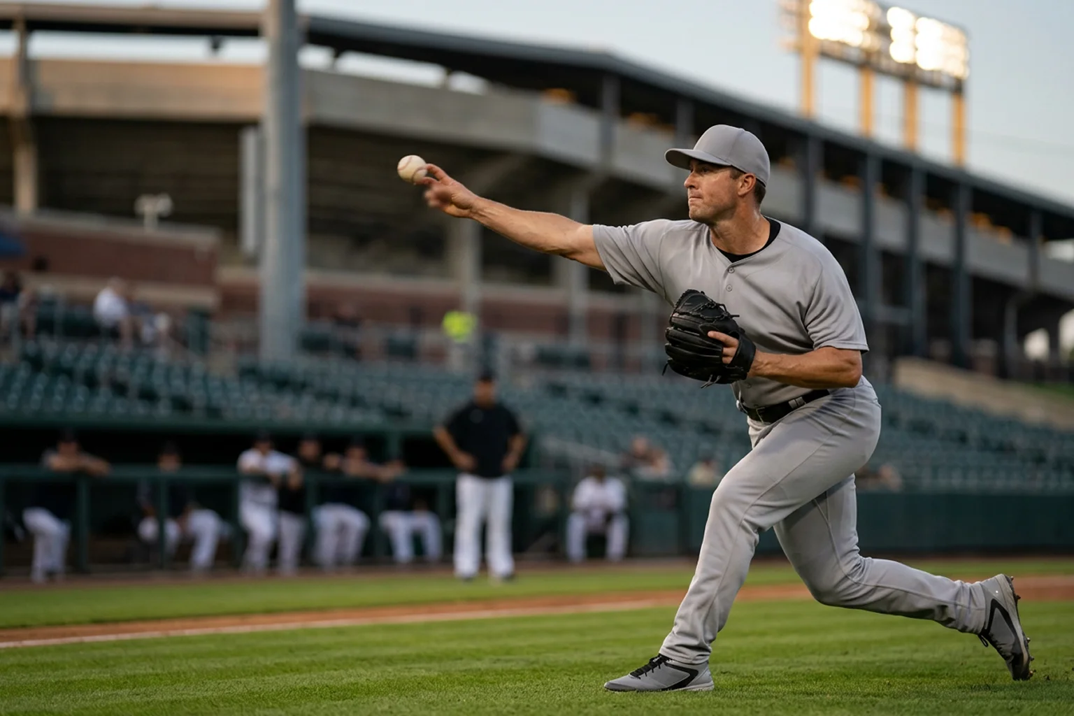 MLB pitcher delivering a fastball during a night game with stadium lights illuminating the mound