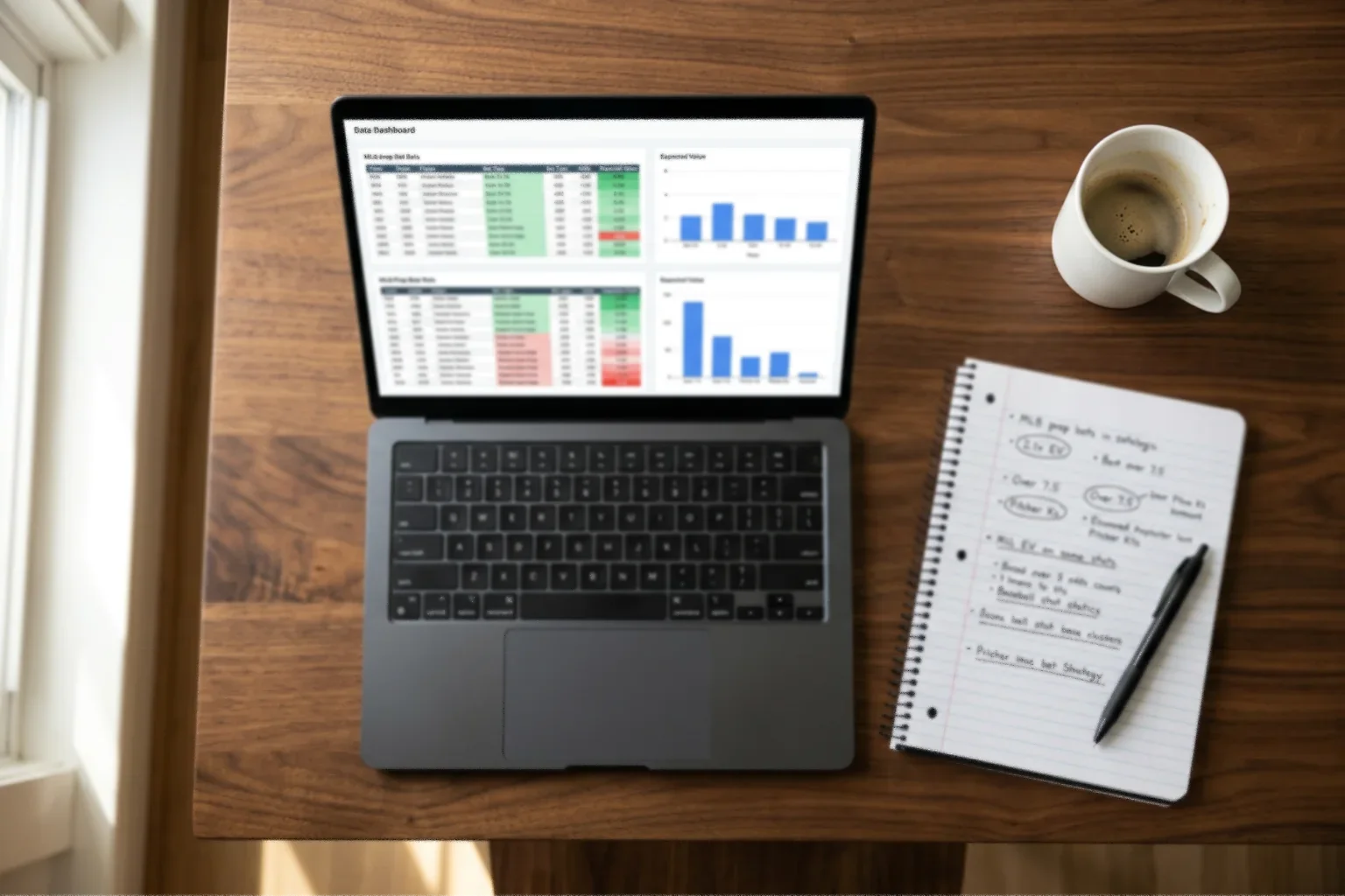 Laptop displaying baseball statistics and data charts on a desk beside a notebook with handwritten notes