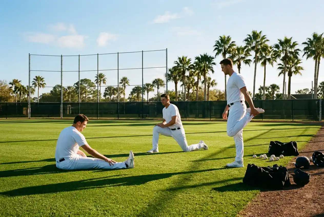 MLB players warming up on the field during early spring training with fresh green grass and clear skies