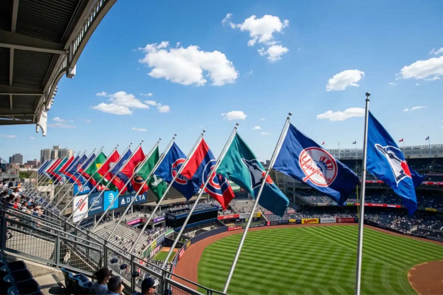 MLB outfield flags blowing in strong wind at an open-air ballpark on a sunny afternoon